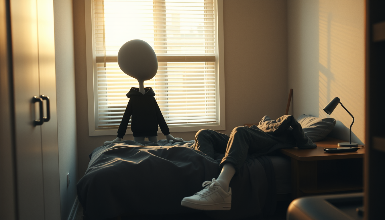 Main art studio: A slim humanoid stickman man named Mert with a smooth pale gray oval head, wearing a black hoodie, dark gray cargo pants and white sneakers, waking up