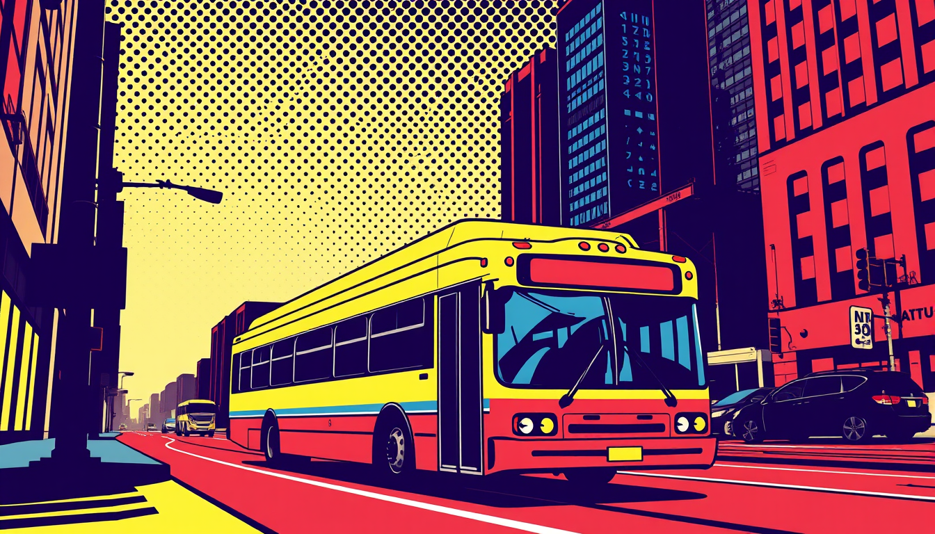 Pop Art idea created from the prompt: bold pop-art graphic treatment, flat high-contrast colors, halftone dots, thick outlines, A city bus in bold comic-print colors, oversized c