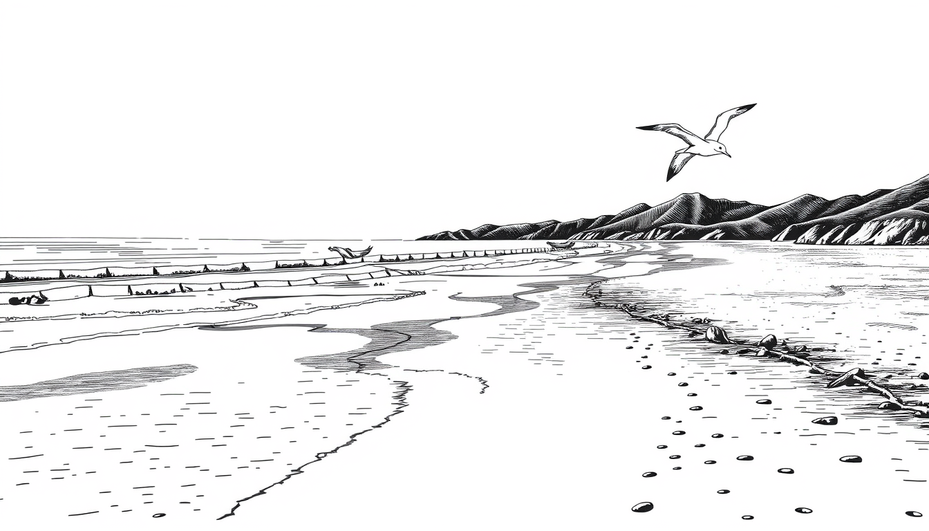 Main art studio: Vintage monochrome illustration of Muchangpo Beach, Boryeong Korea. A peaceful seaside scene with the tidal road appearing at low tide, ocean waves, m