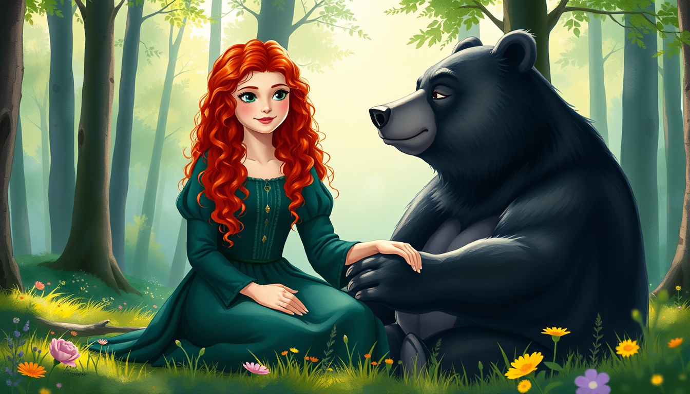 Main art studio: Merida, a teenage princess with long curly red hair, green eyes, and a dark green dress, sits beside her mother Queen Elinor, who is a large gentle bl