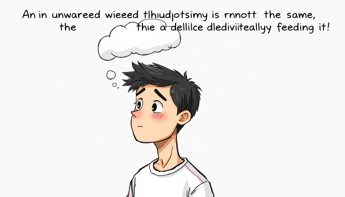 AI Art prompt example created from the prompt: Script: An unwanted thought appearing is not the same as deliberately feeding it. Scene Concept: The young man notices a faint thought cloud