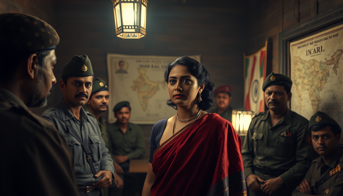 Main art studio: Ultra photorealistic cinematic 4K historical scene, Neera Arya standing among Indian freedom fighters inside a secret meeting room, determined faces,