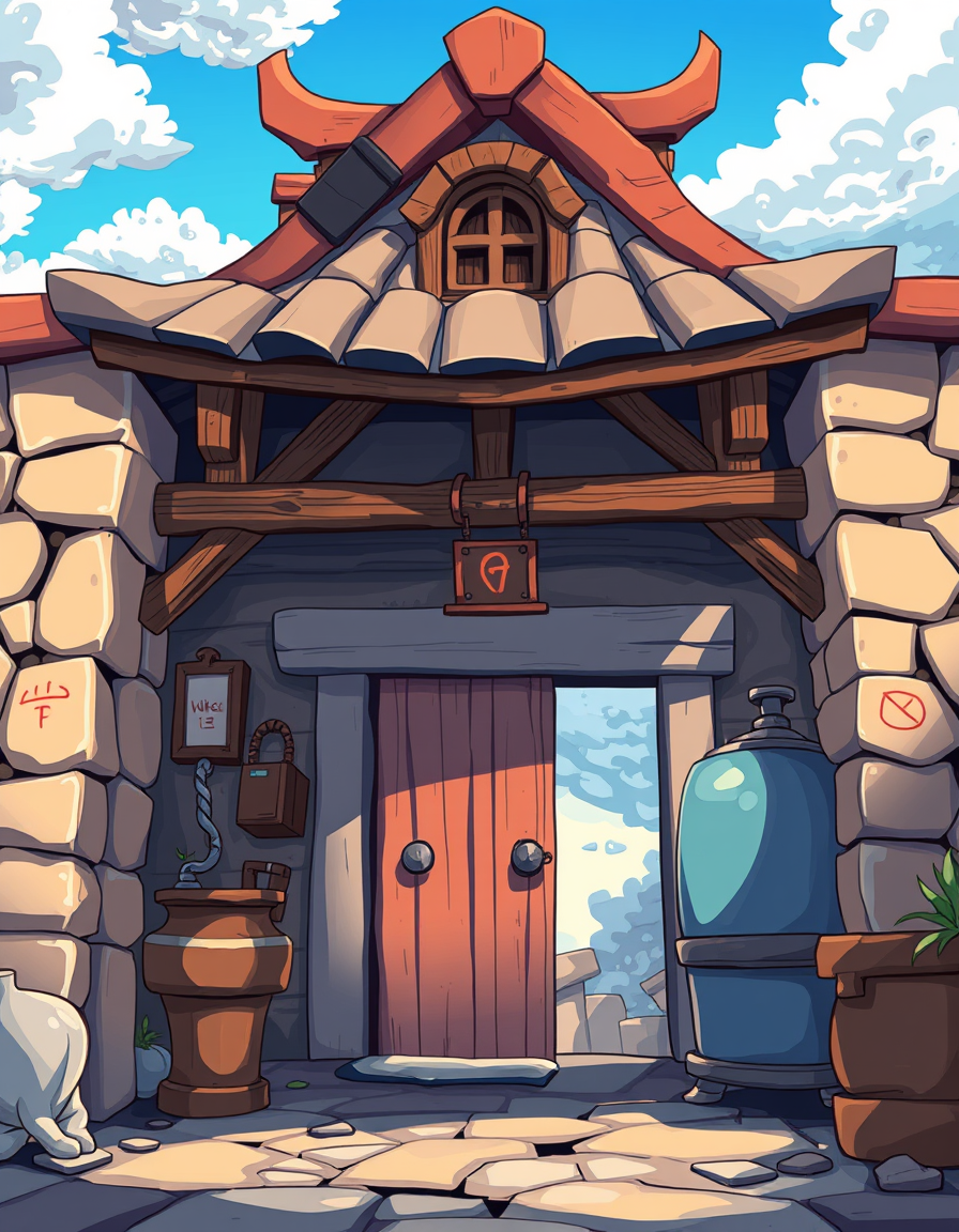 Anime idea: anime style, vibrant colors, expressive eyes, create a blacksmith building with simple Toon cel-shaded artstyle , detailed anime illustration