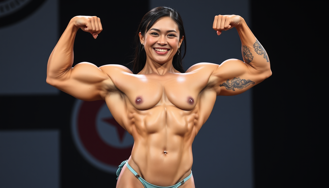 Main art studio: She is a beautiful adult Asian female bodybuilder smiling confidently onstage while performing a front double-biceps pose. Her enormous, sculpted bice