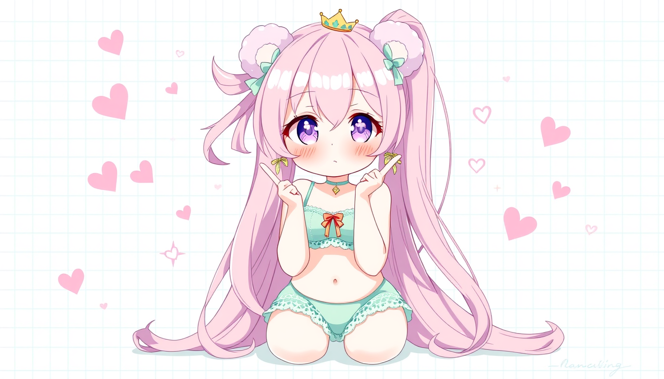 Main art studio: Pastel kawaii anime girl with extremely long cotton-candy pink hair, high side ponytail, sparkling lavender eyes, rosy cheeks, fluffy bear-ear accesso
