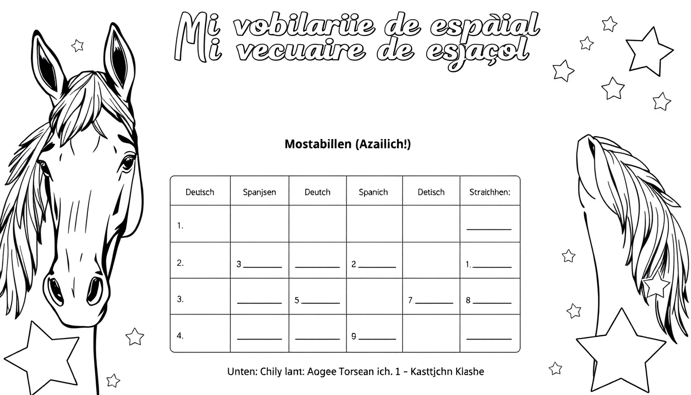 Main art studio: A4-Arbeitsblatt zum Spanischlernen für die 6. Klasse, schwarz-weiß. Titel: „Mi vocabulario de español“. Modern, cool und jugendlich, nicht kitschig od