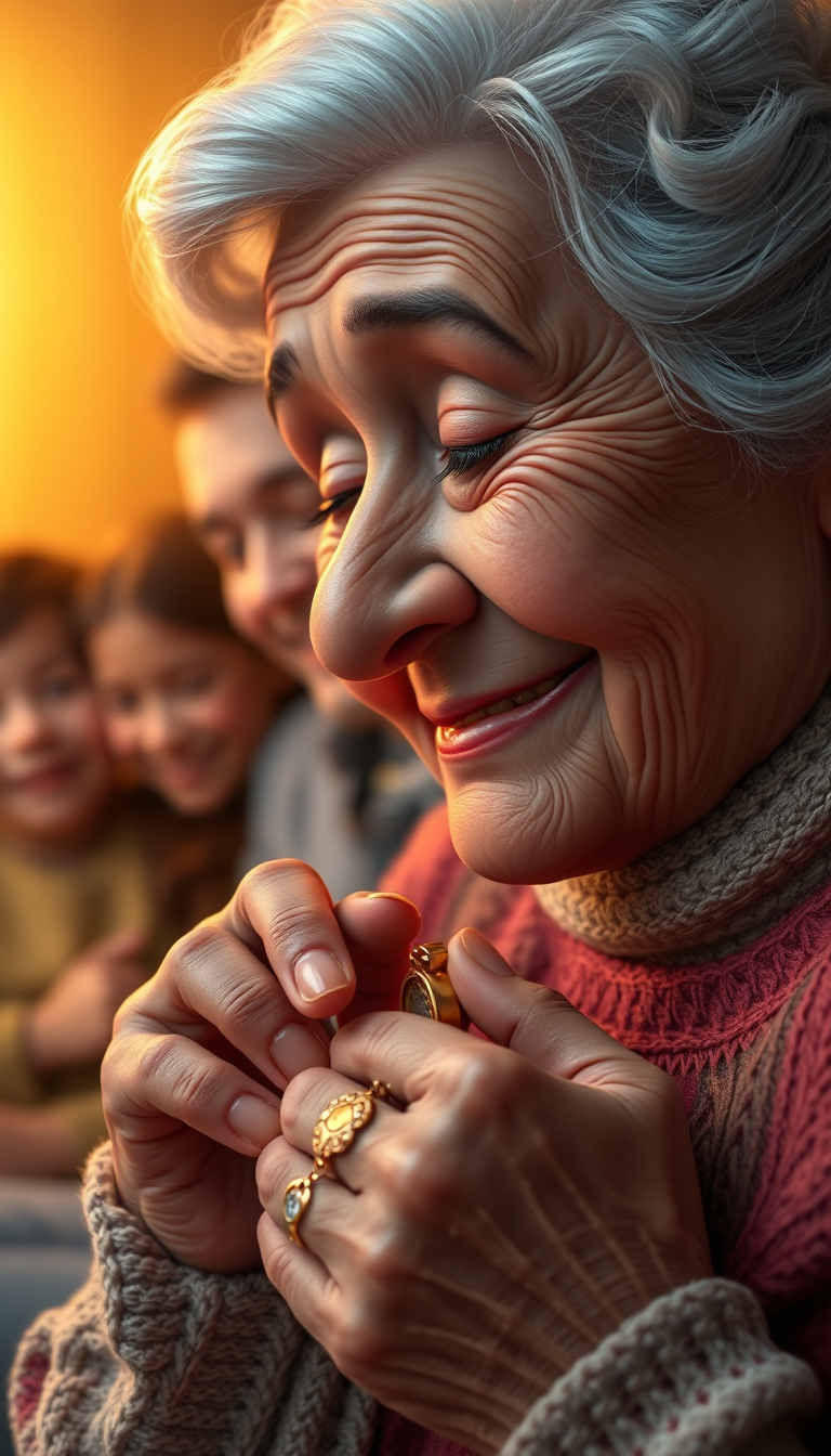 Main art studio: Happy TearsWritingClose-up of an elderly American grandmother holding the precious family locket near her heart, tears of happiness rolling down her c