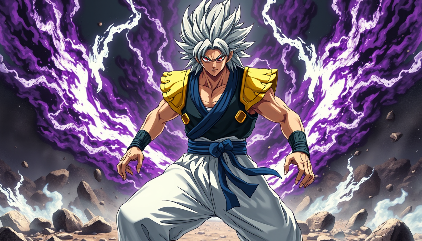 Main art studio: Prompt: A hyper-realistic, cinematic movie still of a powerful fused warrior anime character. He wears baggy white martial arts pants with a blue sash