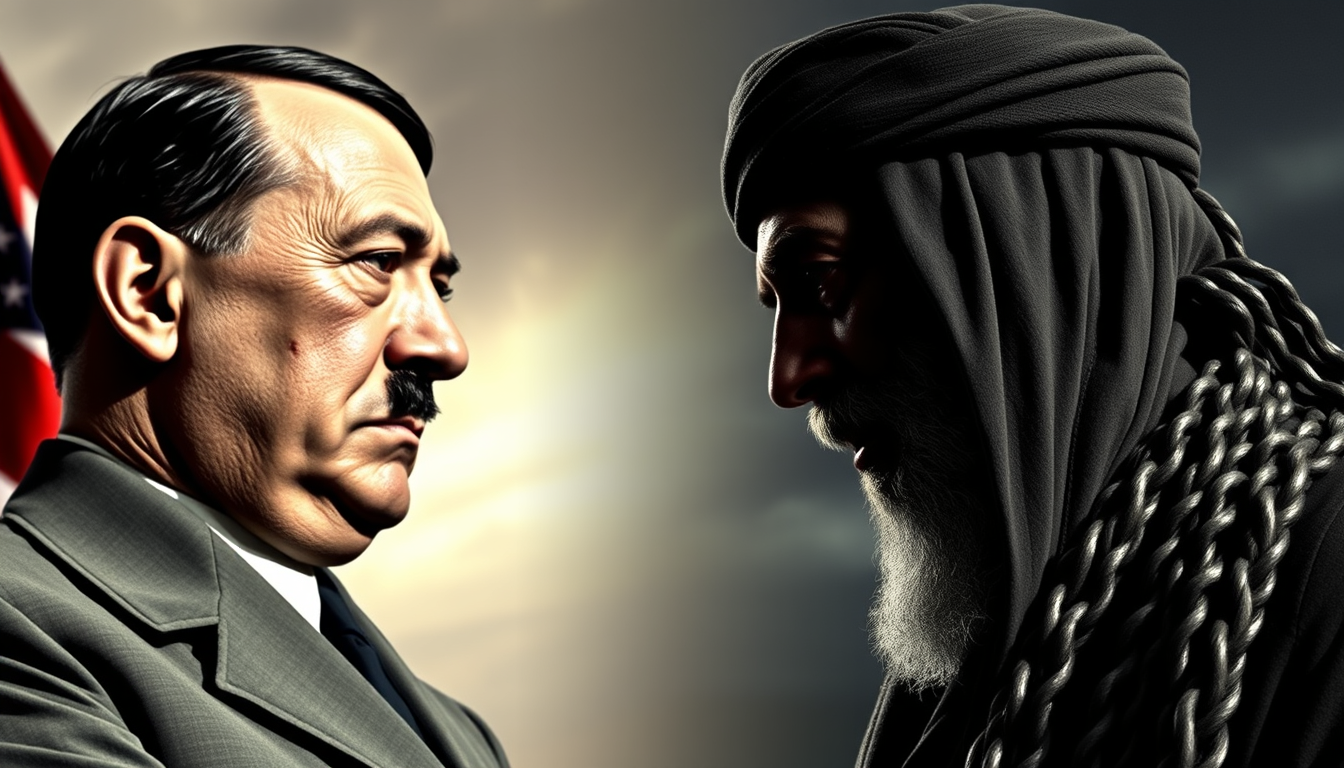 Main art studio: Faça uma imagem do gojo vs sukuna versao Hitler vs Bin laden