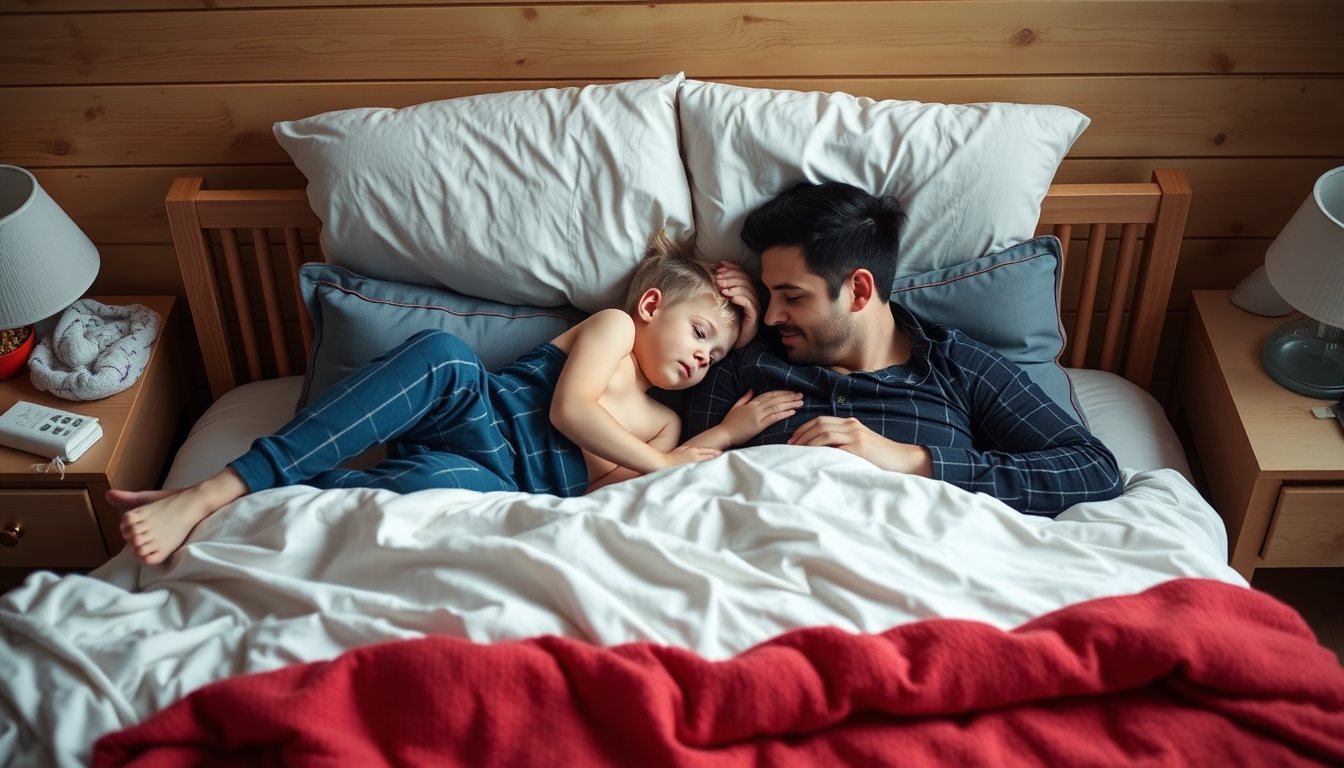 Main art studio: Dad and son cuddle bed son is 18 blonde dad is dark hair and hairy they both in boxers