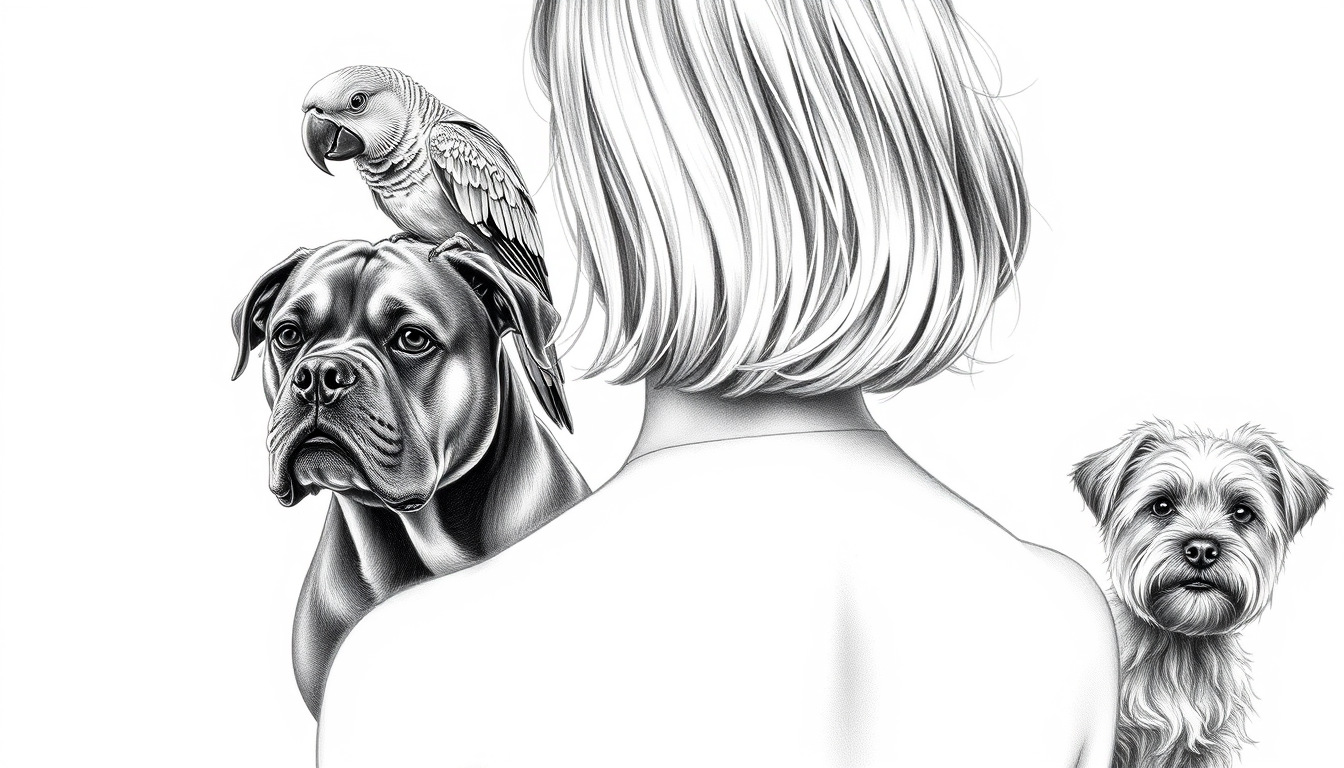 Main art studio: Elegant black and white pencil drawing, a beautiful woman seen from behind, with soft, shoulder-length hair. Two parrots are sitting gently on her sho