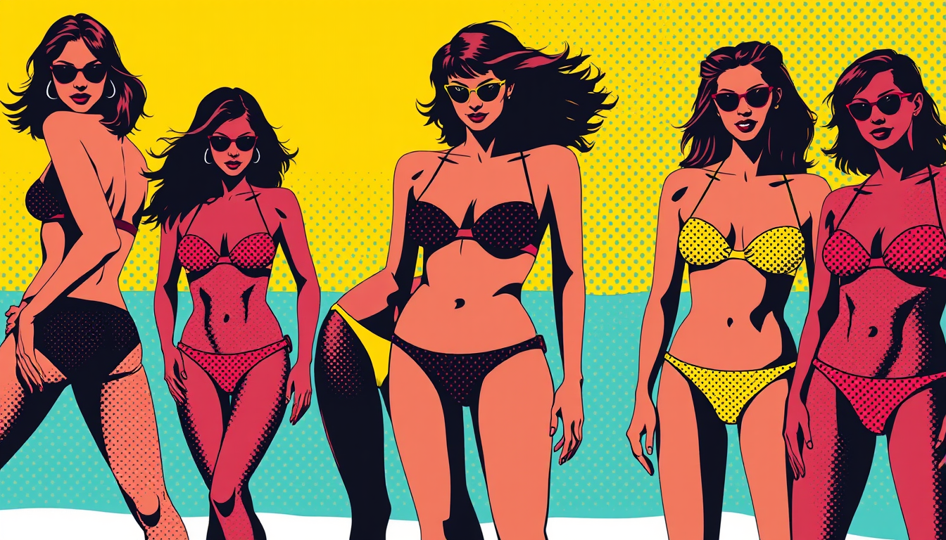 Pop Art idea: bold pop-art graphic treatment, flat high-contrast colors, halftone dots, thick outlines, Malke these people in tight bikinis , dramatic crop, screen-