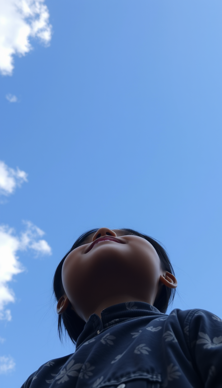 Main art studio: Create an image of Shikmaru Naira looking up at the open sky, with a few clouds visible.