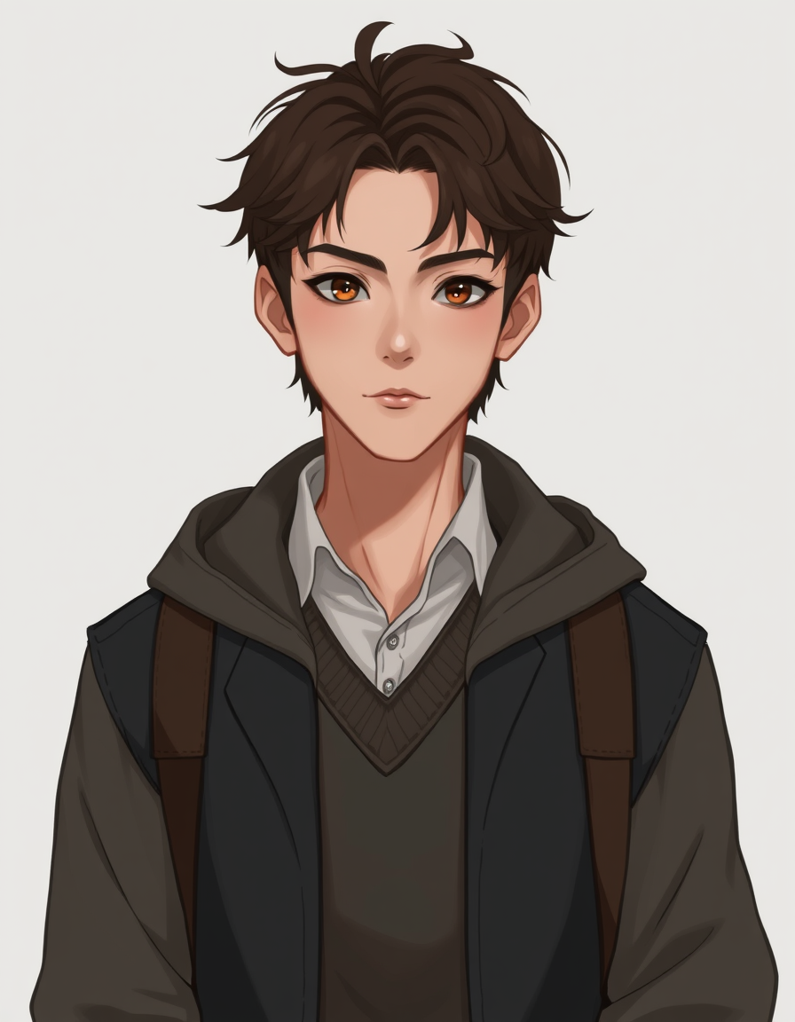 Characters idea: an original character defined by silhouette, role, outfit, palette, and expression, deliberate composition, A seemingly ordinary young male librarian