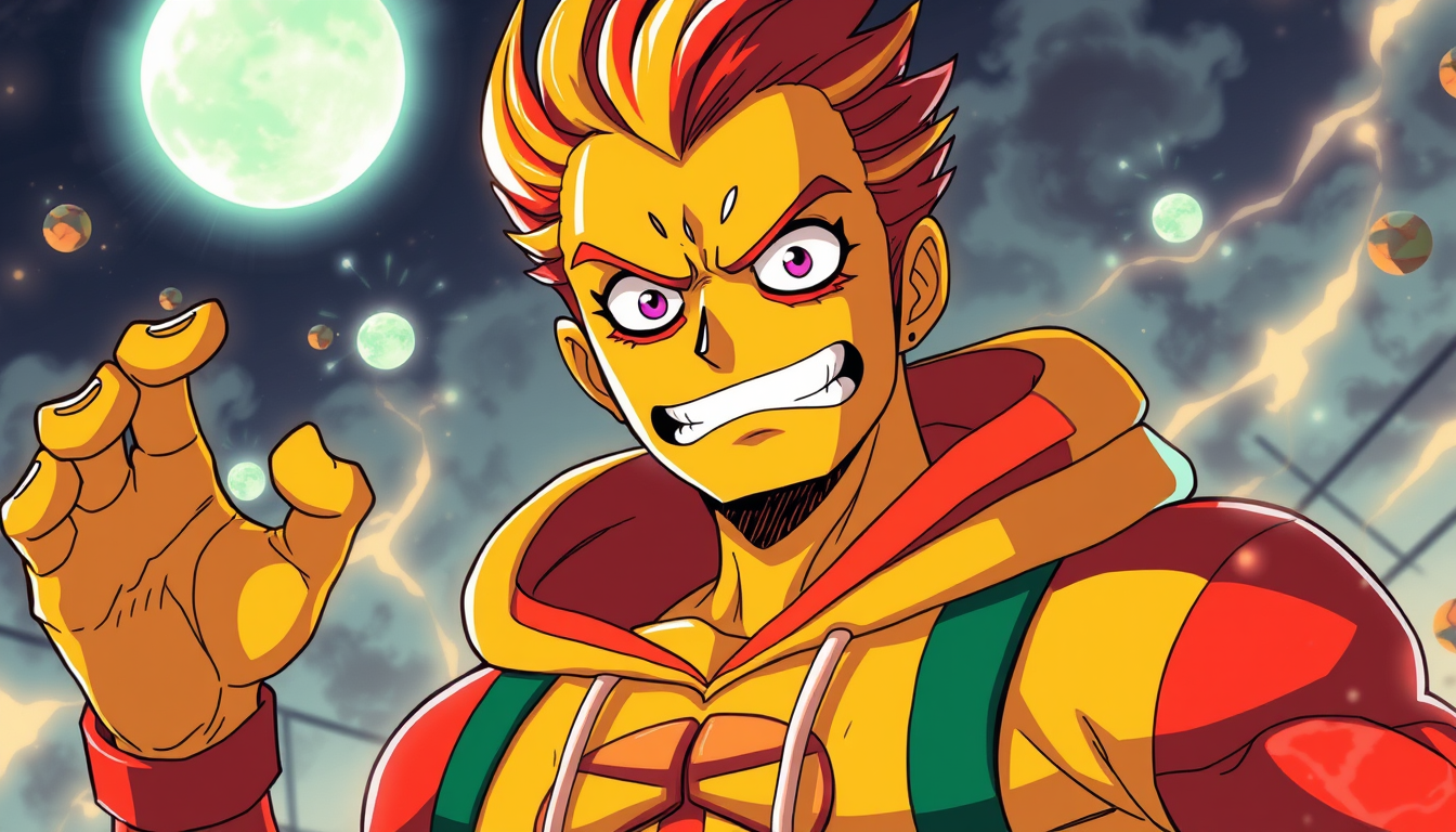 Anime idea: anime style, vibrant colors, expressive eyes, Grimace He can fly Shoot uranium and radium Cannot die Cannot get injured Cannot get hurt Can teleport c