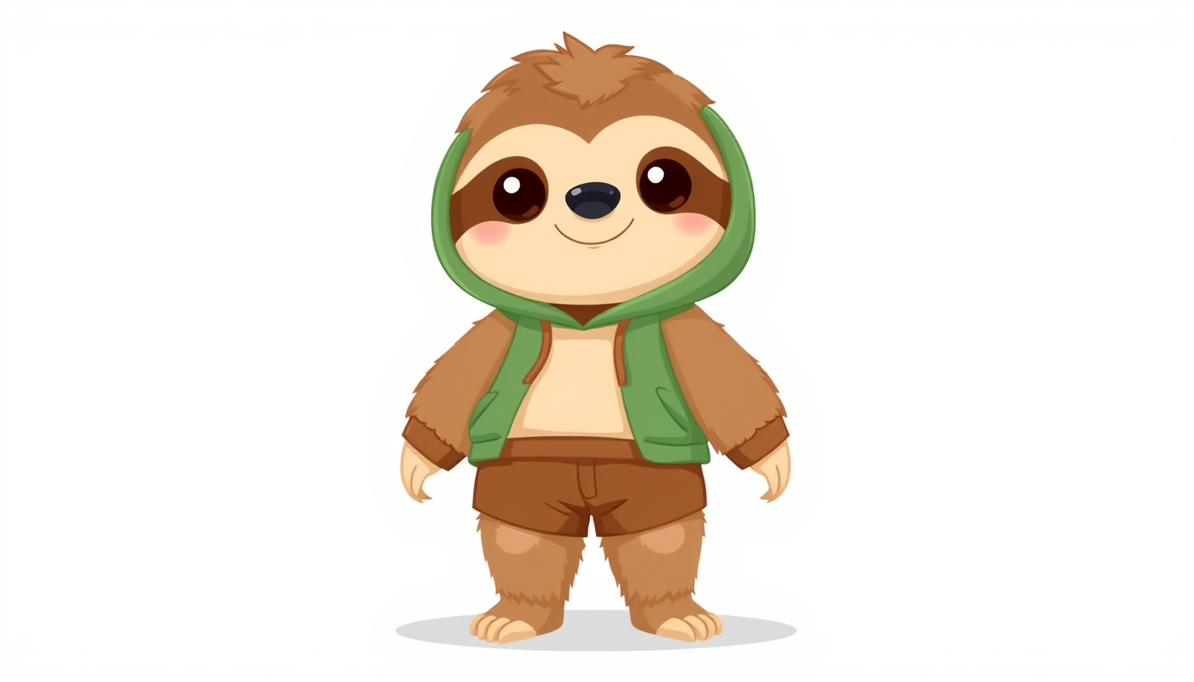 Main art studio: A cute 2D cartoon sloth character, standing upright like a human. Light brown and beige fluffy fur, a round face, large dark eyes, a small black nose,