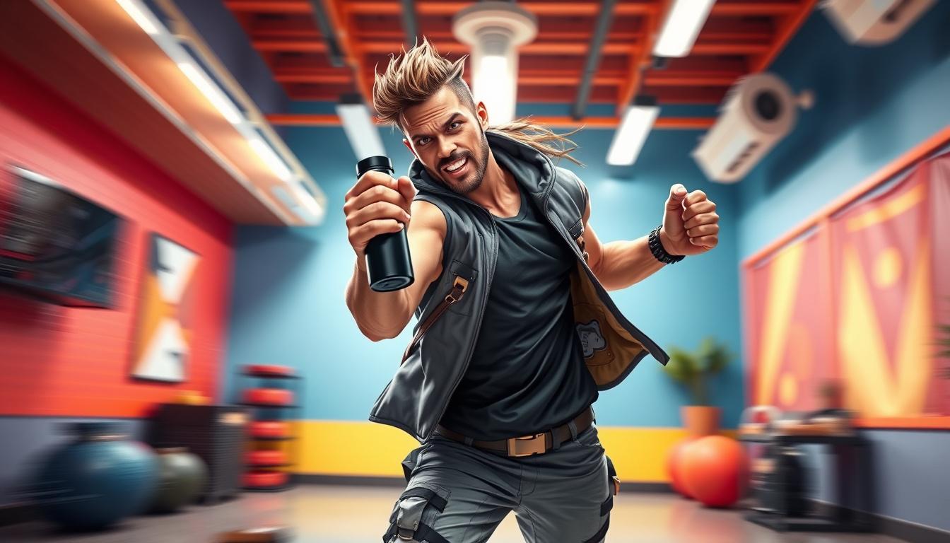 Character idea created from the prompt: original character design, detailed outfit and accessories, expressive personality, A high-energy fitness creator in a colorful studio, hold