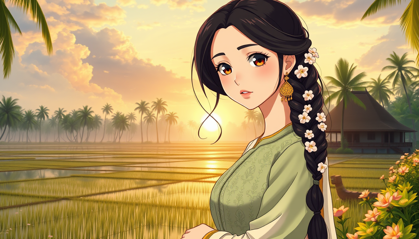Anime idea: anime style, vibrant colors, expressive eyes, Vertical 9:16 anime. Peaceful Alappuzha backwaters at sunrise, coconut palms, misty paddy fields, tropic