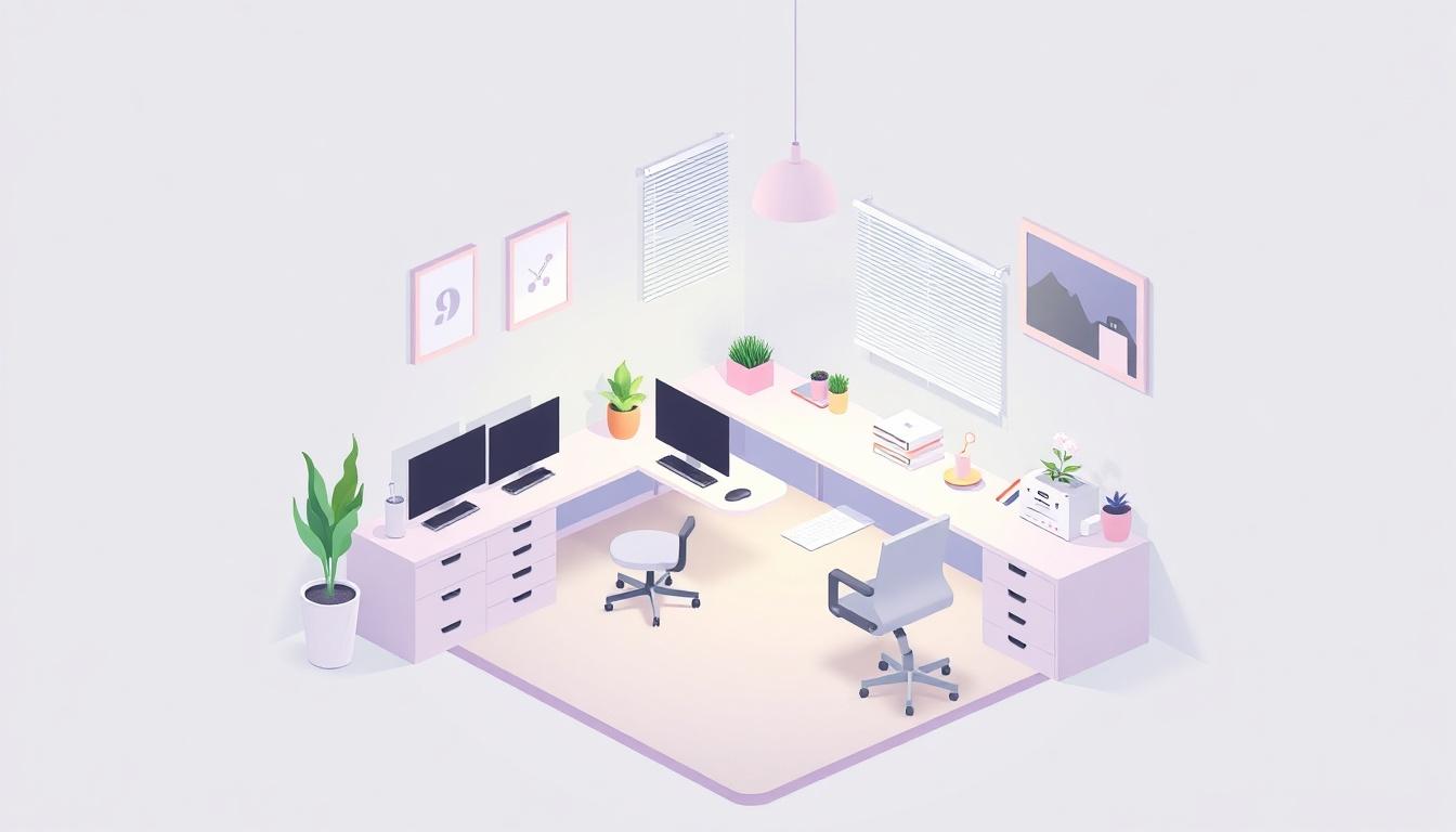 Main art studio: isometric office workspace, soft pastel tones, minimal vector art