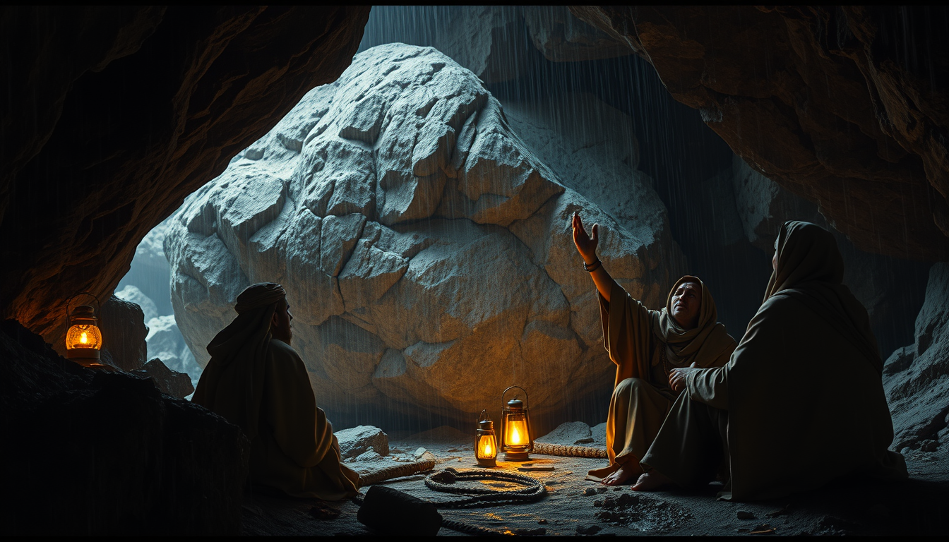 Main art studio: The same three ancient Arabian travelers sitting inside the dark mountain cave after failing to move the huge boulder. They are exhausted and worried,