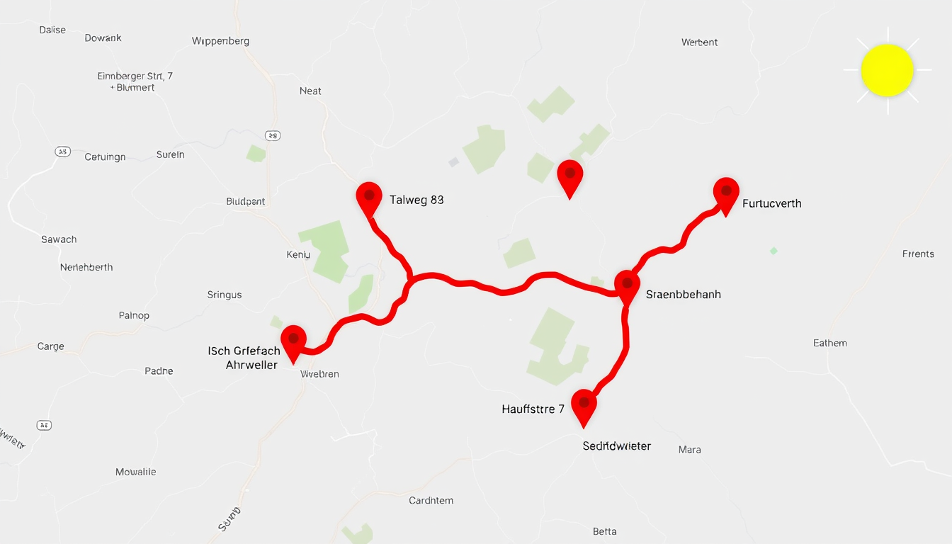 Main art studio: Erstelle eine Google-Maps-inspirierte Karte mit einer durchgehenden roten Route in dieser Reihenfolge: Start Wuppertal-Cronenberg, Sudberger Str. 66 �