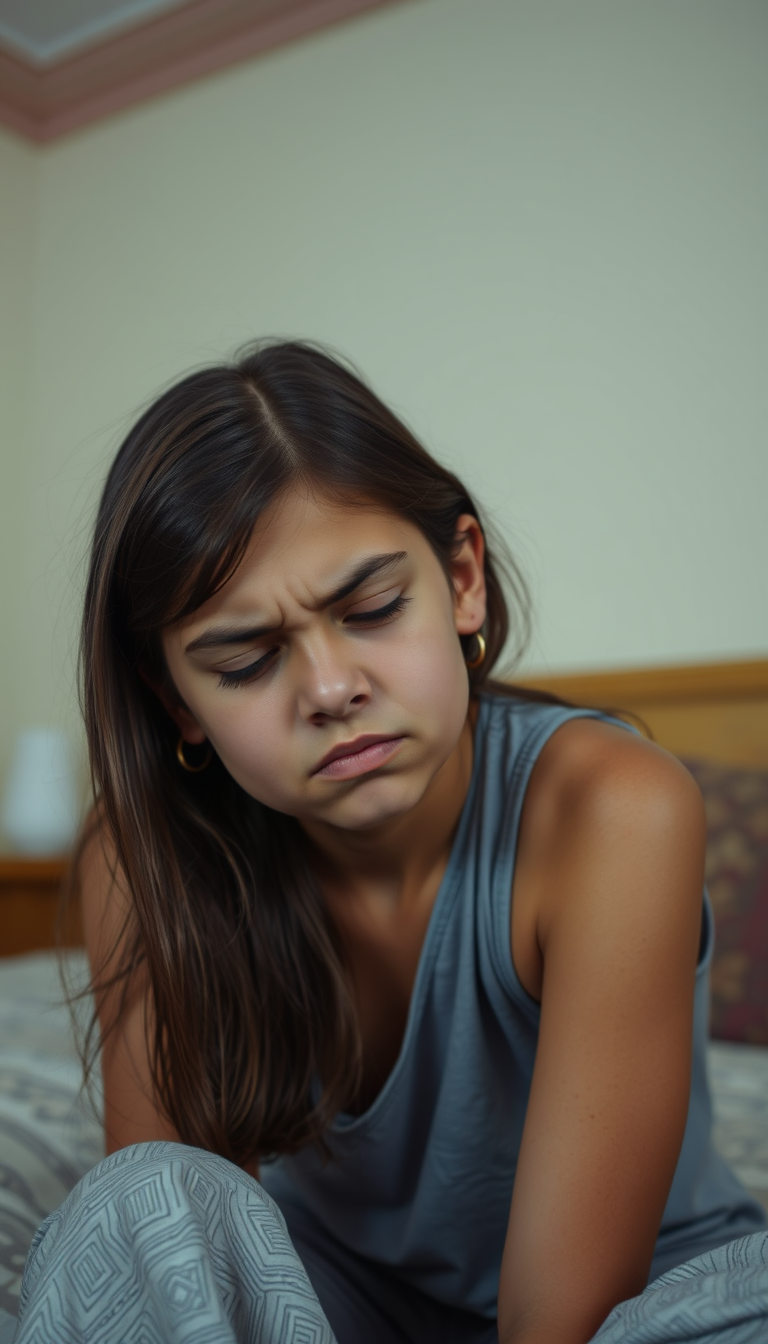 Main art studio: dark tanned 14 year old with girl dark brown hair sitting in a bedroom with eyes closed head tilted down very angry wrinkling face of many tiny wrinkl