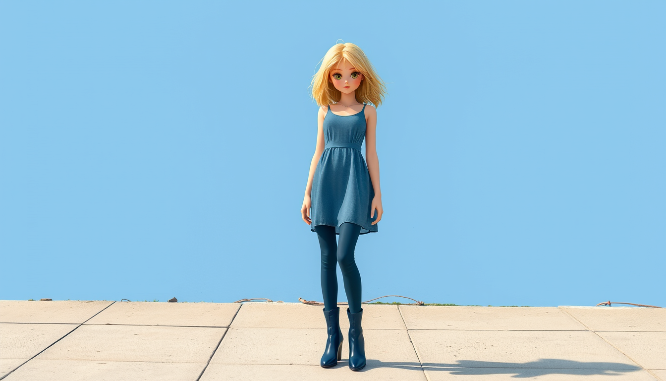 Main art studio: MAKE HER HAIR BLONDE & MESSY. MAKE HER EYES YELLOW. MAKE HER SKIN PEACH PALE. MAKE HER WEAR DARK BLUE COLOURED TIGHT-FITTING PANTS, SLIGHTLY LIGHT COL
