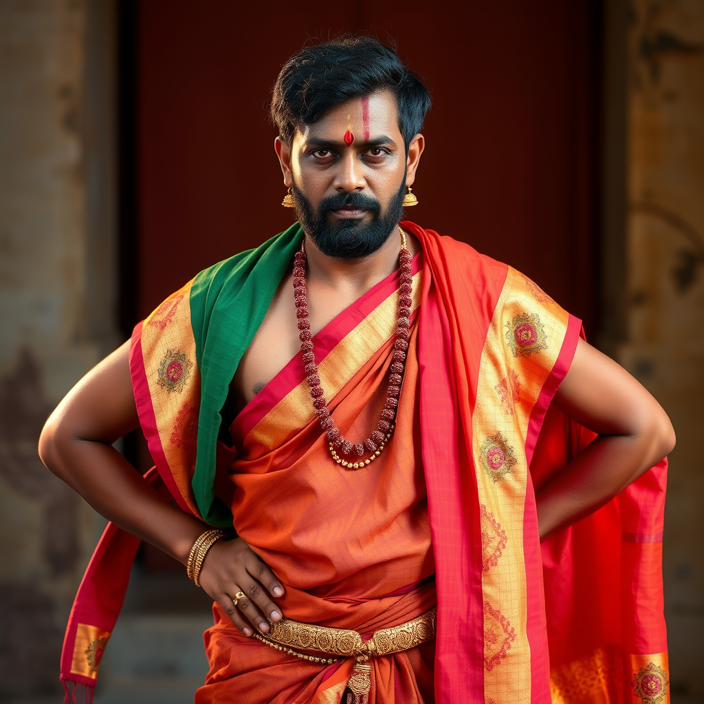 AI Art prompt example created from the prompt: Create a donghua man wearing two different sarees at same time with each end of the saree going to different shoulder