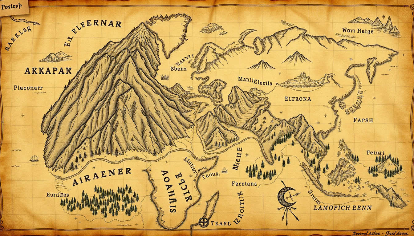 Fantasy Maps idea: fantasy world map, hand-drawn cartography, aged parchment, mountains forests and coastlines, ファンタジーな地図 何万年も前に火山が噴火してできた島 動物がいるが、白亜紀の恐竜などの生物が生き残っている ,