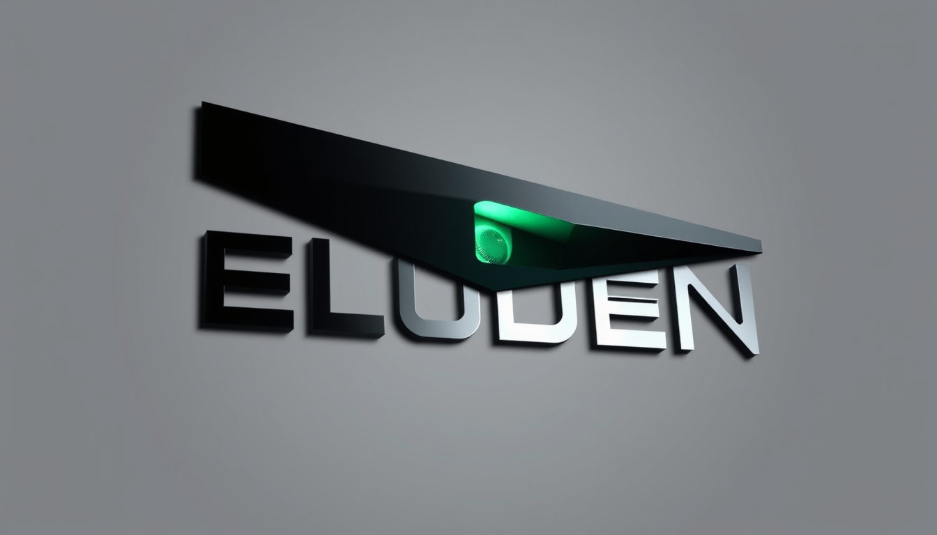 Main art studio: Premium futuristic logo for “ELUDEN”. Extremely geometric custom lettering, with the “E” built from precise angular lines and negative space, suggesti