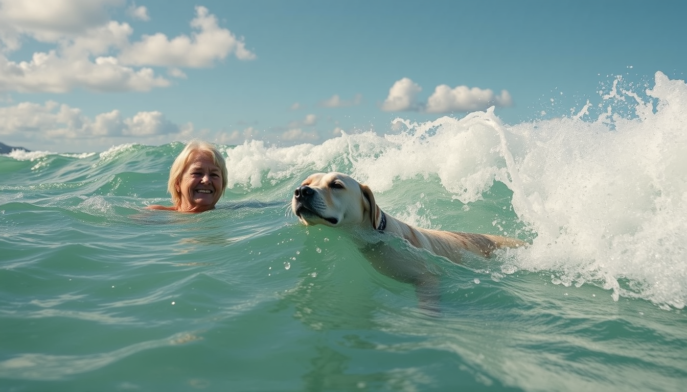 Main art studio: Erstelle ein Comic-Bild: "60-jährige dicke Frau schwimmt im Meer mit den großen Weißwasser-Wellen und begegnet dabei einem schwimmenden Seehund"