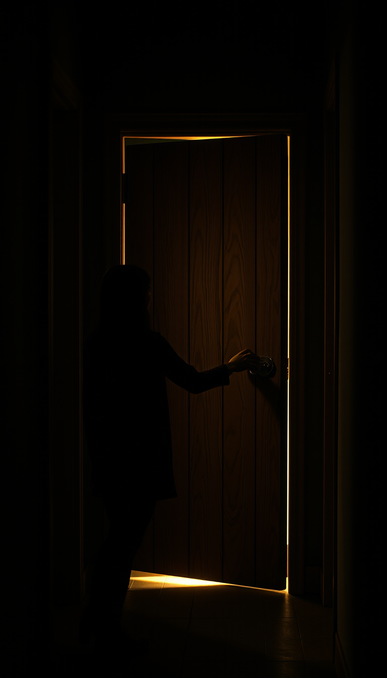 Main art studio: The same young woman slowly reaches for the doorknob of the mysterious wooden door. The hallway is completely silent and dark, with a faint warm light