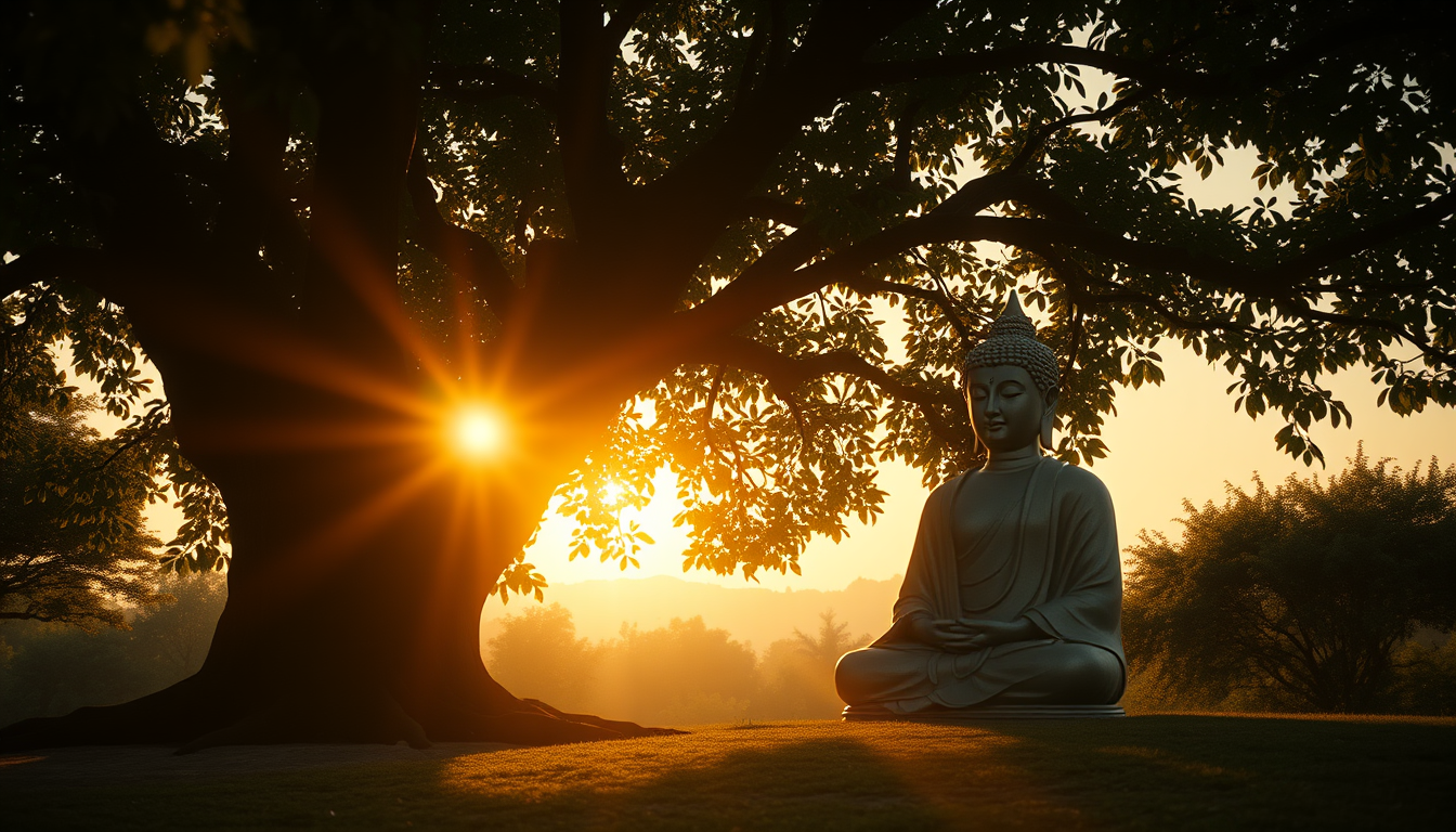 AI Art prompt example created from the prompt: Buddha meditating peacefully beneath the Bodhi tree during golden sunrise, soft rays filtering through leaves, serene expression, tranquil n