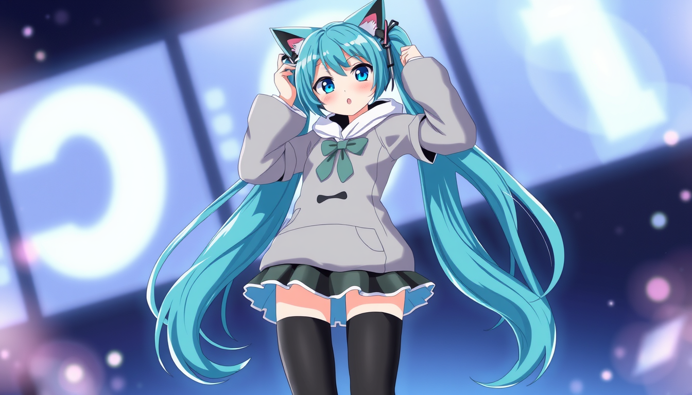 Main art studio: Miku avec des vêtements de chat et une pose a quatre pattes