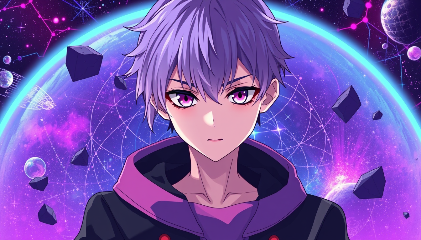 Anime idea: anime style, vibrant colors, expressive eyes, Eine Domain Expansion im Stil von Jjk mit Thema Weltraum und Farben schwarz und lila ohne Mensch , detai