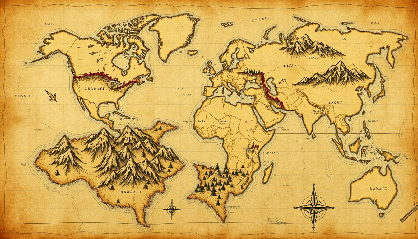 Fantasy Map idea created from the prompt: fantasy world map, hand-drawn cartography, aged parchment, mountains forests and coastlines, 真ん中に神社がありそこから広がる景色と右上から時計回りに春、夏、秋、冬と季節がバラバラの和の雰