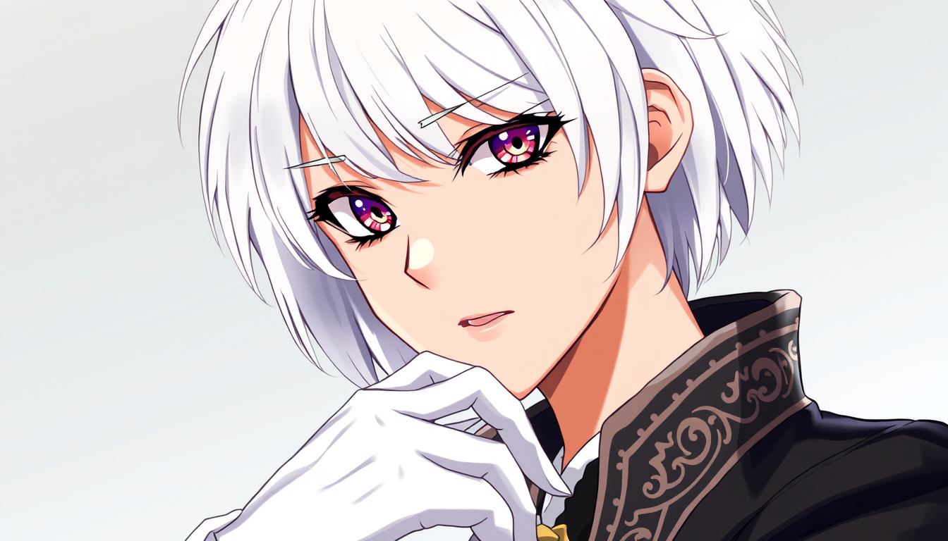 Anime idea: anime style, vibrant colors, expressive eyes, Cabello: blanco plateado, corto, estilo bob, con mechones desordenados alrededor del rostro. Rostro: pie