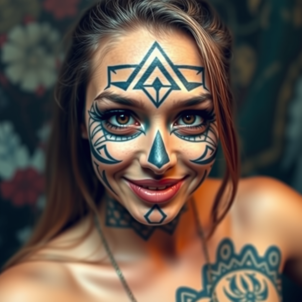 Main art studio: Photo of young woman with entire face geometric tattoo smiling at camera