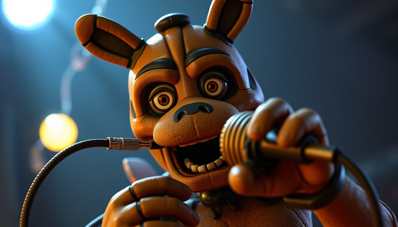 Main art studio: Widehret Freddy five nights at Fredys 2 dañado cables expuestos boca grande ojos normales solo el inclinado con la mano eputando a la cámara con micró