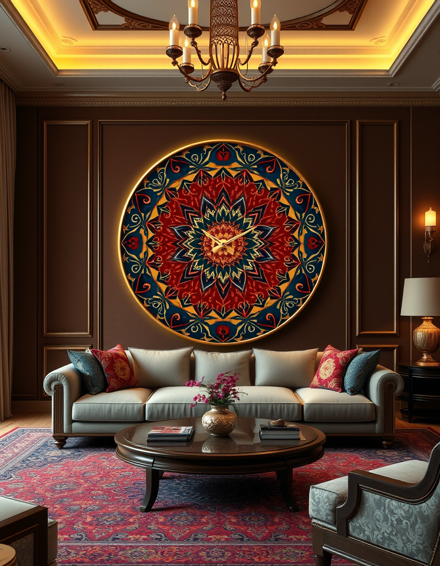 Main art studio: Photorealistic elegant Iranian living room with a beautiful handmade round epoxy resin wall clock inspired by traditional Persian carpet patterns. Ric