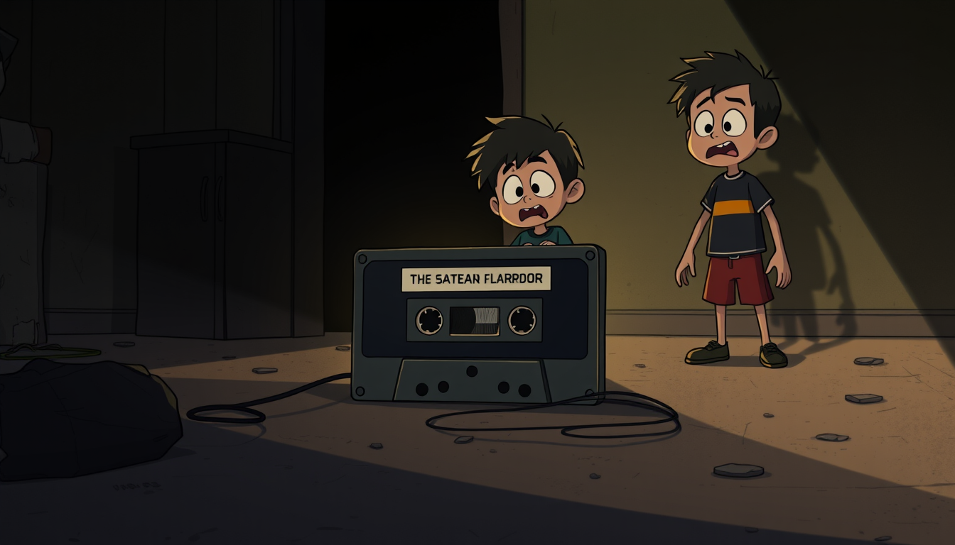 Main art studio: Same Samir character and younger brother, 2D dark horror cartoon, vertical 9:16. The old cassette tape recorder is playing by itself on the dusty floo