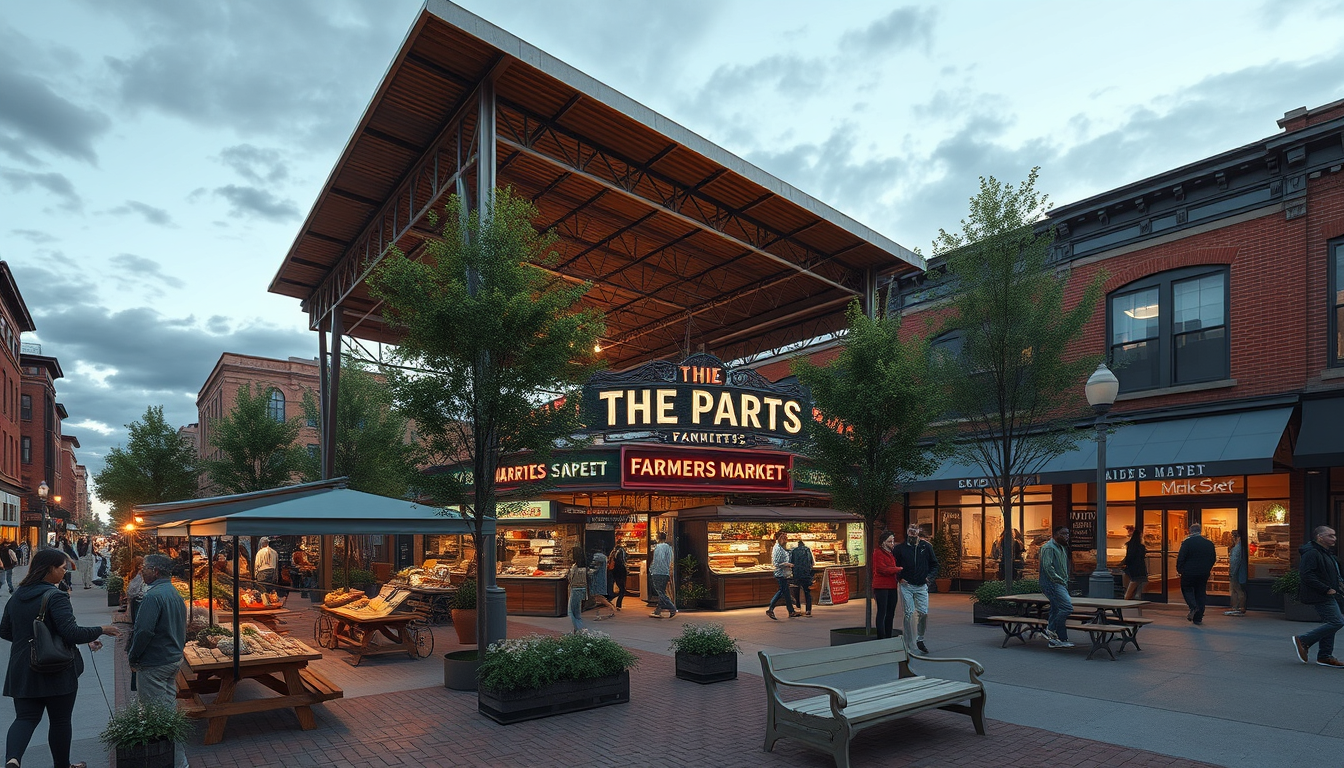 Main art studio: Realistic urban design rendering inspired by the Flint Farmers Market: a Minneapolis neighborhood farmers market built on a former vacant lot. Large s