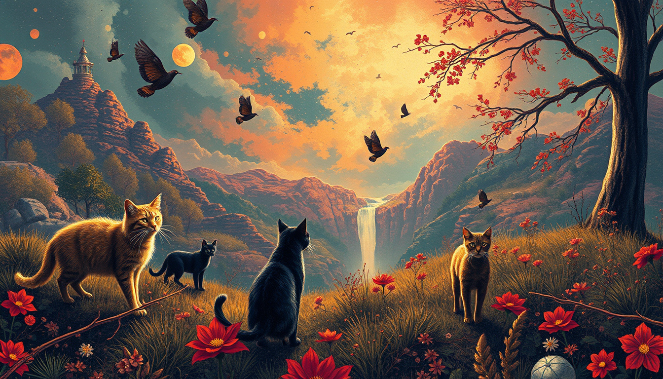 Wallpapers idea: wallpaper artwork, wide atmospheric scene or bold pattern, high detail, Cats , desktop or phone wallpaper