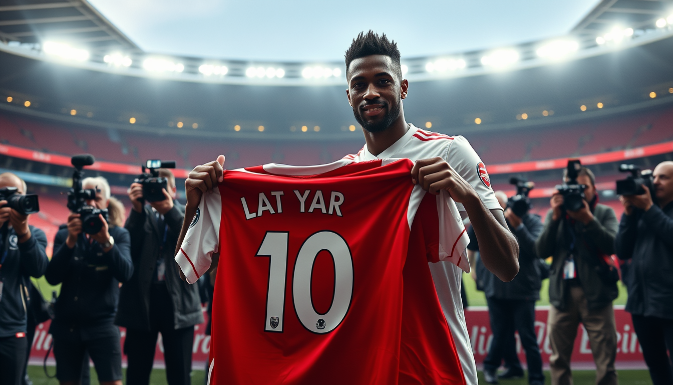 Main art studio: :::writing{variant=“standard” id=“42617”} Photorealistic Arsenal FC unveiling at Emirates Stadium. Use my uploaded photo as my exact face. Mikel Artet