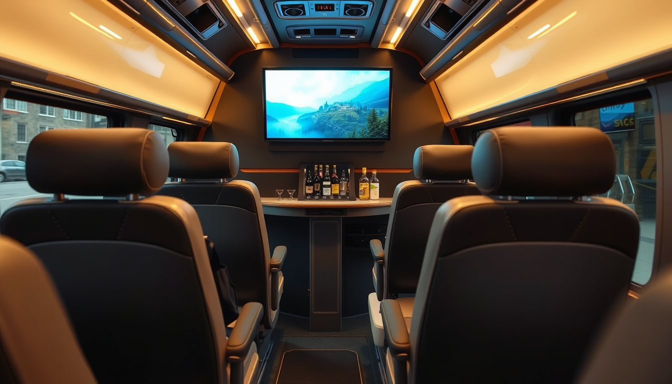 Main art studio: Erstelle ein Bild von drei fetten, gepolsterten Sitzen in einem Reisebus mit Fernseher Bar Getränke Essen evtl. Aufenthaltsraum