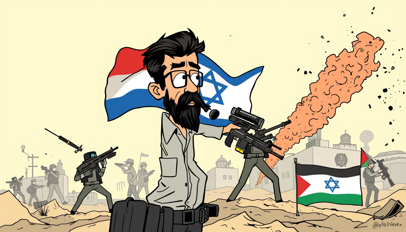 Main art studio: crea una imagen de la guerra israel y palestina de manera caricaruresca criticandolo, mas centrado en israel y si influencia en la poblacion e ideolog