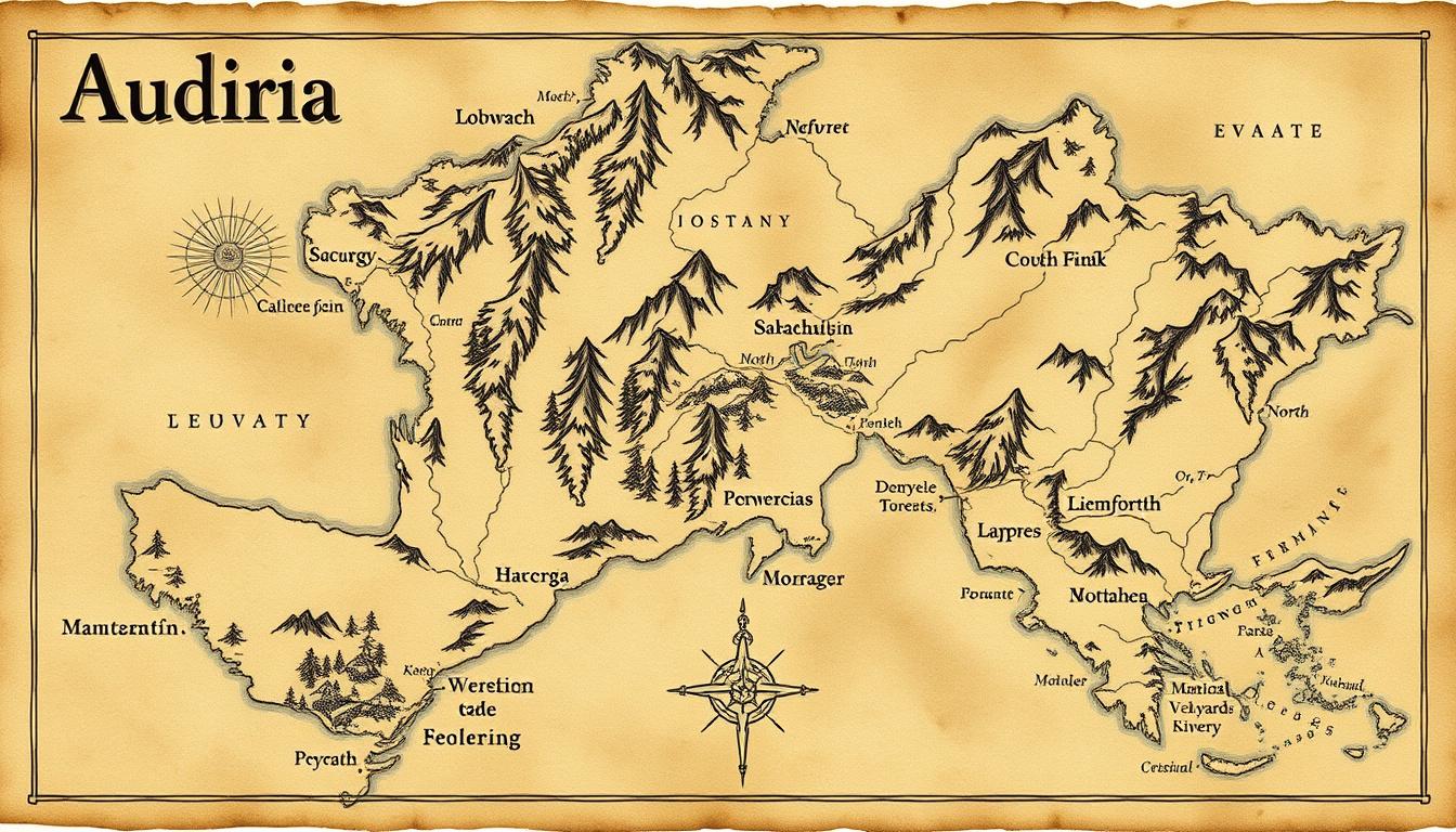 Fantasy Maps idea: fantasy world map, hand-drawn cartography, aged parchment, mountains forests and coastlines, The country is called Aurelia. The government is called E