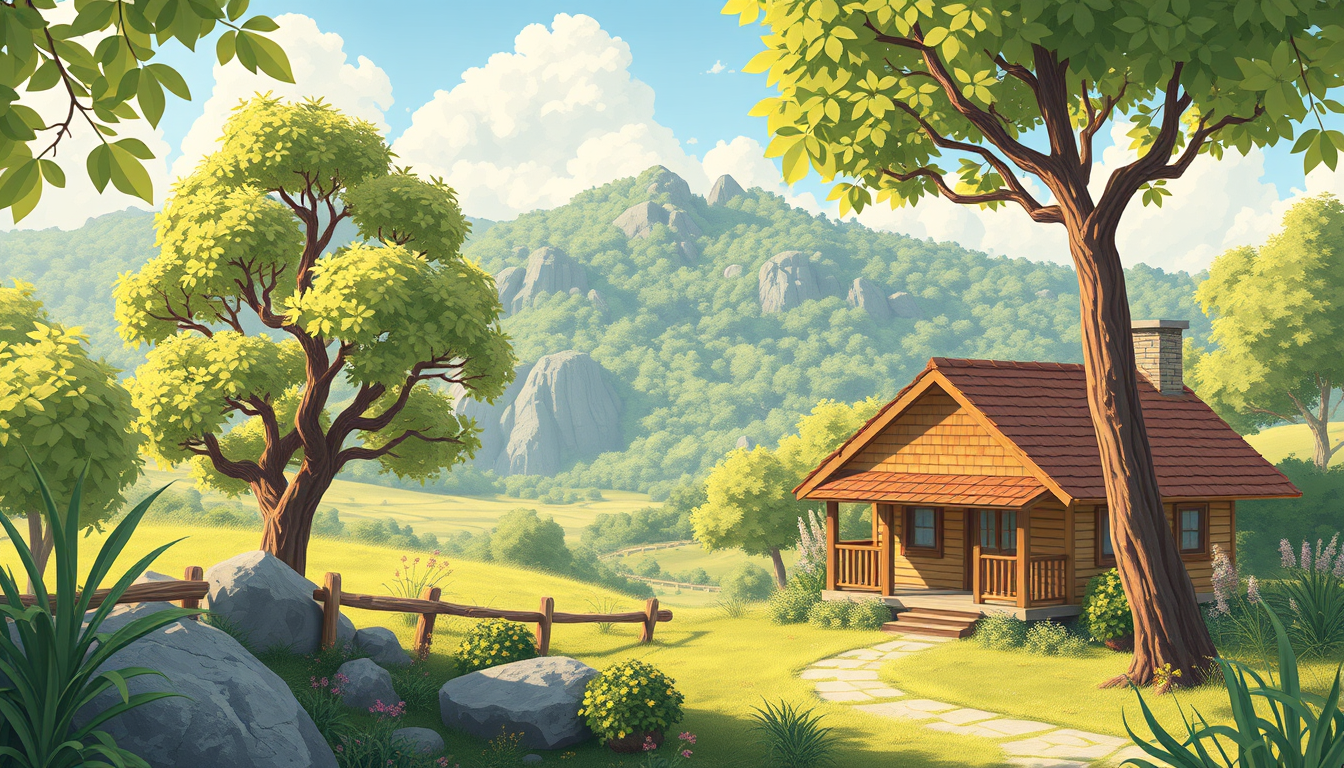 Main art studio: Natural view with house realistic 4k cartoon
