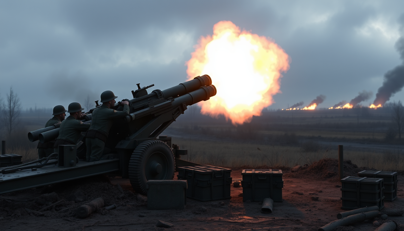 Main art studio: Stylized realistic 3D animated World War II documentary, Soviet artillery battery firing heavy field guns toward German defensive positions near Berli