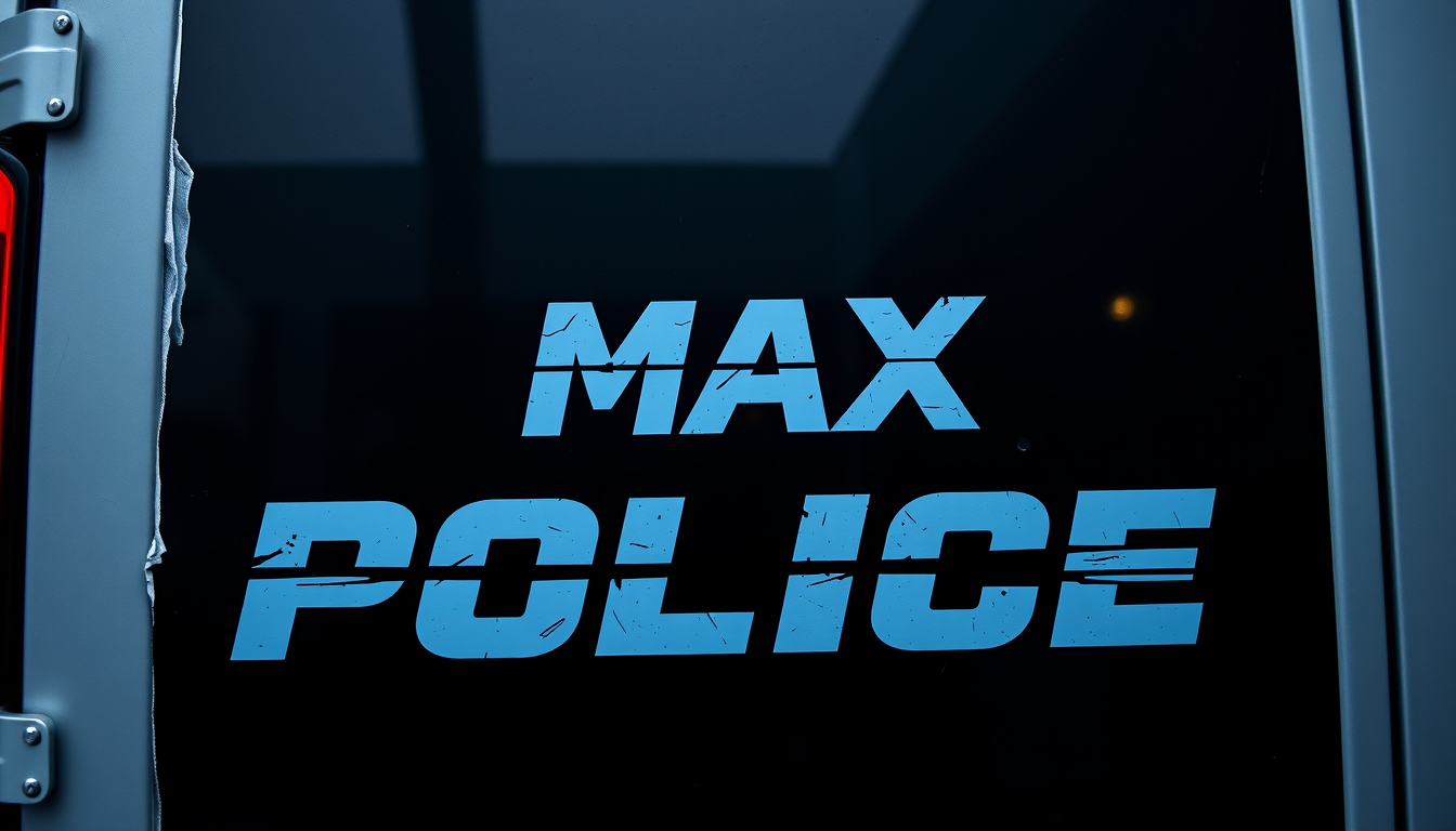 Main art studio: i need a cyberpunk style font for the words 'Max Tac Police' on a black background, there can be superficial damage to the wording like tear marks not